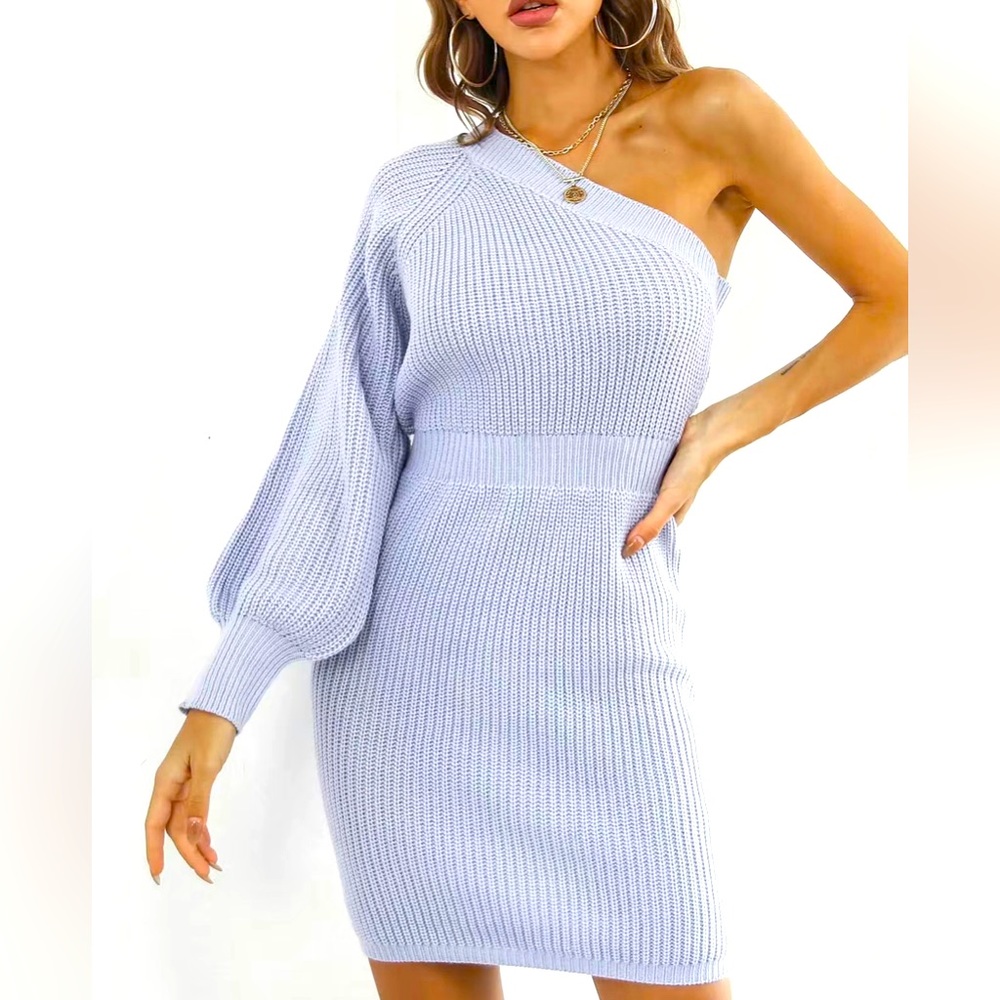 Women’s Solid One Shoulder One Long Sleeve Sweater Dress